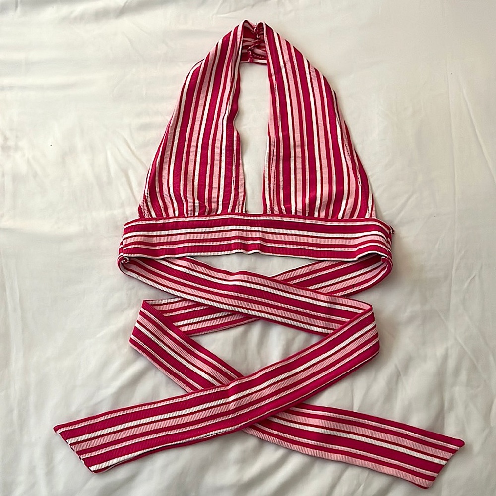 Pink and white cross tie crop top